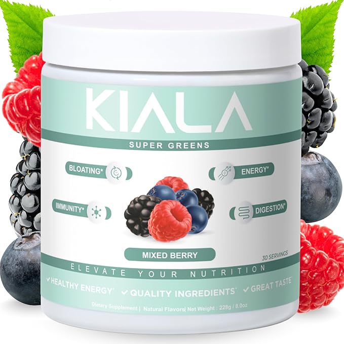 Kiala Nutrition Super Greens, Organic Greens Powder with Spirulina & Chlorella for Digestion, Gut Health, Immunity, Energy, Gluten Free, Vegan, Sugar Free, Mixed Berry, Spectra Blend, 30 Servings