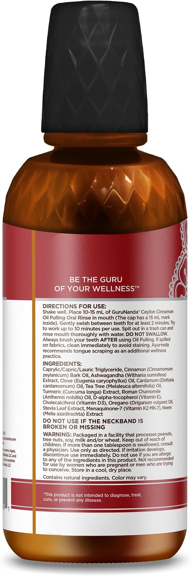 GuruNanda Cinnamon Oil Pulling Mouthwash, Promotes Calmness, with Neem & Ashwagandha for Fresh Breath & Happy Gums, Alcohol-Free, 16 Oz