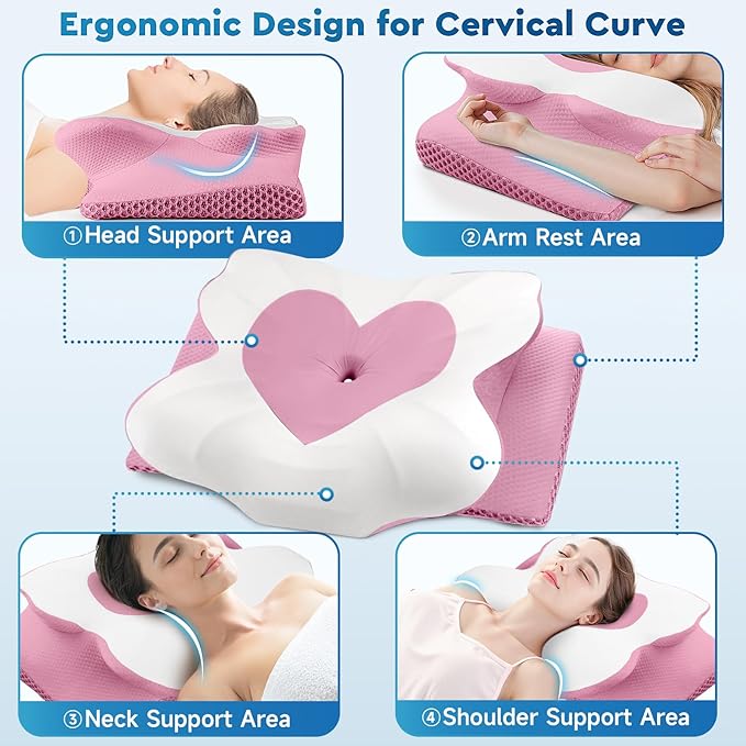 Cervical Neck Pillow, Memory Foam Neck Support Pillows for Sleeping, Shoulder Pillow for Side Sleepers, Back Stomach Sleepers, CertiPUR-US Certified, Standard Size, Pink