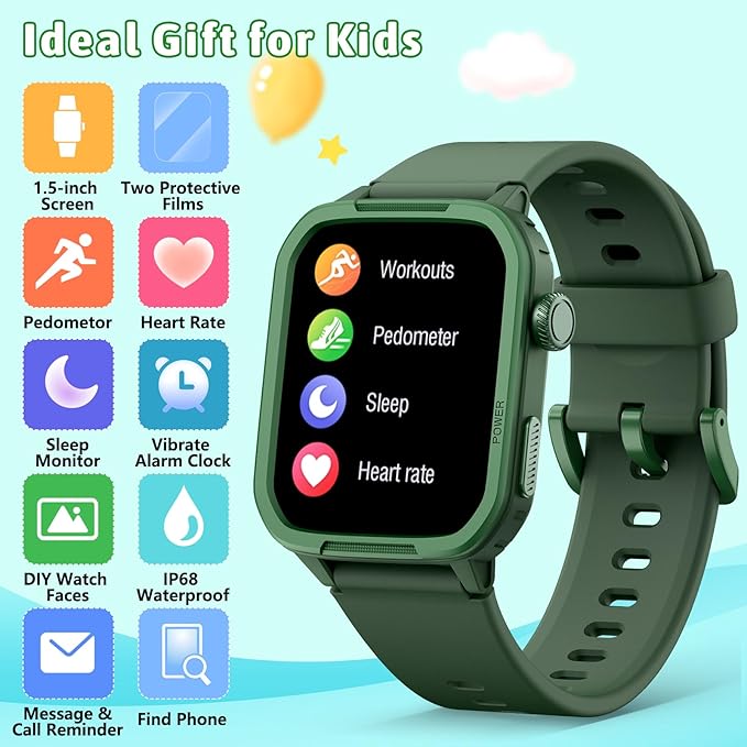Kids Smart Watch for Boy Girl, Kids Watches with 19 Sport Modes, Heart Rate, Sleep Monitor, Pedometer, Alarm Clock, IP68 Waterproof Fitness Tracker, Gift for 6-16 Year Old Boys Girls Toys (Green)