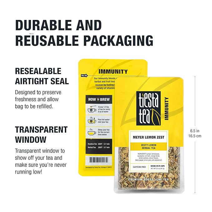 Tiesta Tea - Meyer Lemon Zest, Loose Leaf, Zesty Lemon Herbal Tea, Premium Caffeine-Free Blend, Makes Hot or Iced & Up to 25 Cups, 2oz Resealable Pouch