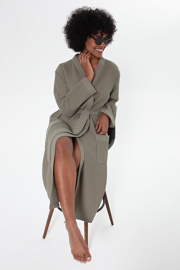 SEYANTE Womenโs Luxury Waffle Shawl Collar, Hooded Robe w Piping โ Lightweight, Long, Ultra Soft Spa Sleepwear Bathrobe