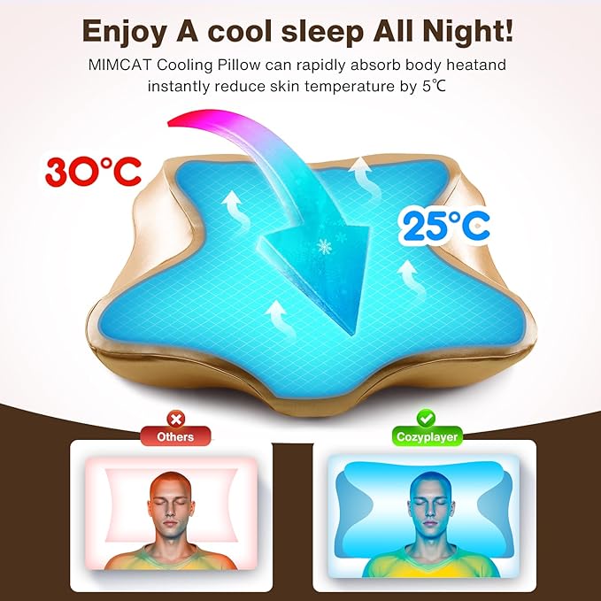 Pain Relief Cooling Pillow for Neck Support Adjustable Cervical Pillow Side Sleeping Memory Foam with Super Soft and Cooling Satin Pillowcase Gold