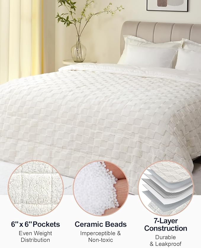 Kivik 15 lbs Weighted Blanket for Adults, Buttery Soft Checkered Heavy Blankets Throw for Bed Sleeping & Calming, Dual Sided Fluffy Fleece Washable, Warm Comfort, Queen Size 60 x 80 inches, Beige