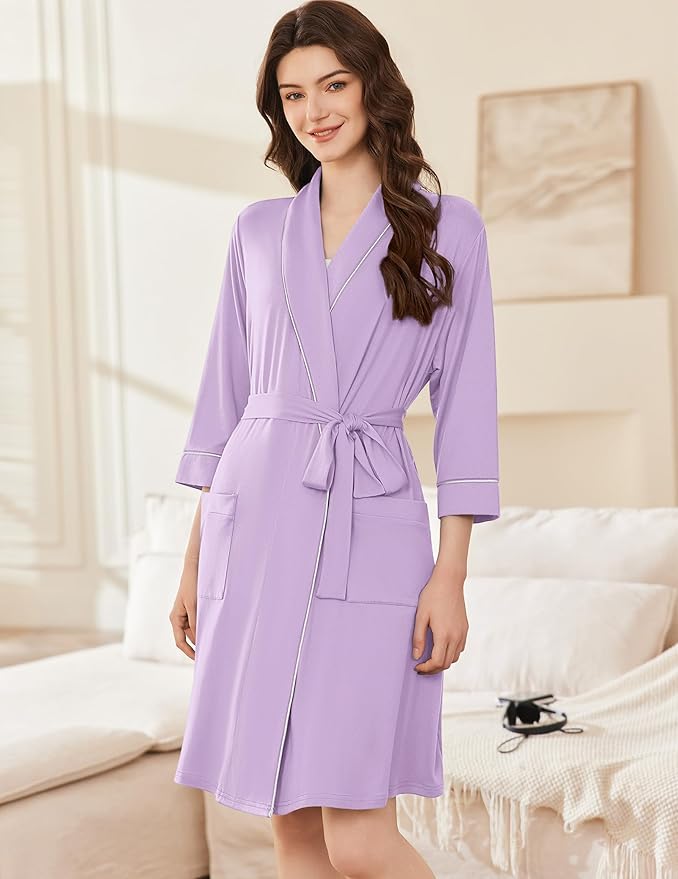 Ekouaer Women Robes Shawl Collar Bathrobe Short Kimono Robe Soft Knit Bathrobes Ladies Sleepwear with Pockets S-XXL