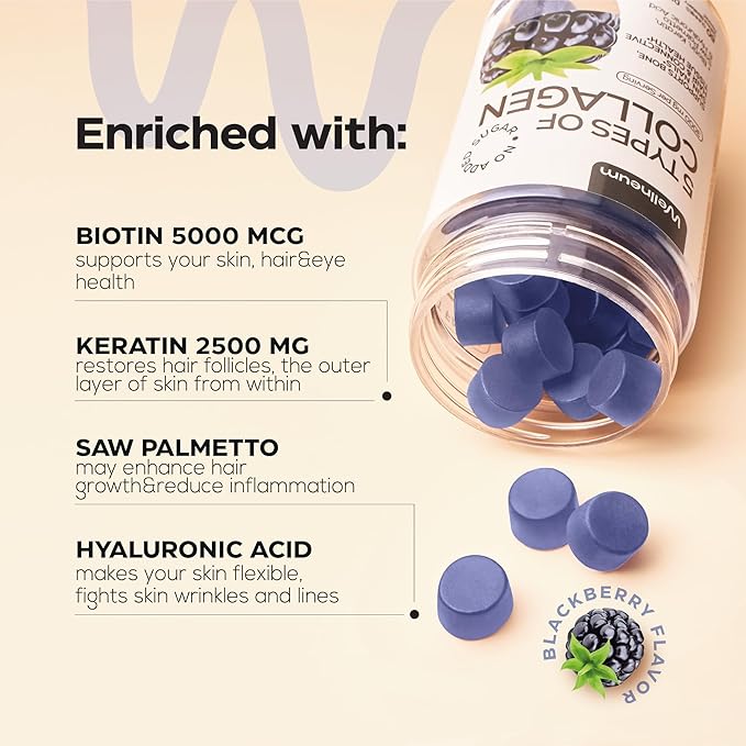 Collagen Peptide Gummies for Women and Men - Collagen Gummy Supplement for Healthy Hair, Skin, Nails and Bones - Hyaluronic Acid, Biotin, Keratin, Saw Palmetto - Sugar Free, No GMO and Gluten, 60 Pcs