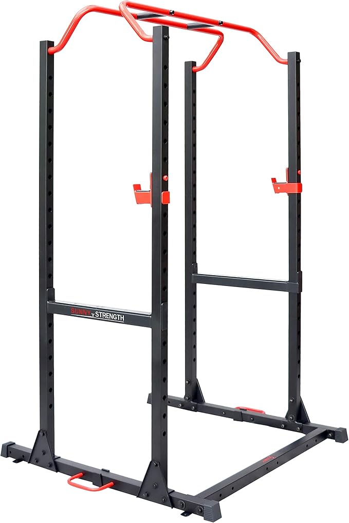 Sunny Health & Fitness Power Cage and Squat Rack In High Weight Capacity with J-Hooks, Adjustable Pull Up Bar, Weight Plate Holders, Resistance Band Posts
