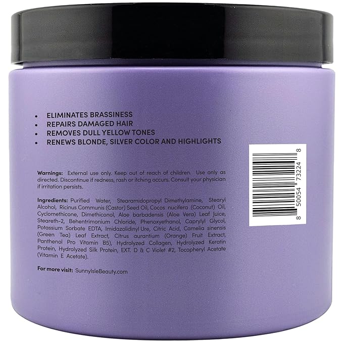 Sunny Isle Anti-Brass Color Enhancing Purple Hair Repair Masque 16oz | Neutralizes Yellow Undertones & Brassiness | Deep Conditioner Treatment Toner for Blonde, Silver, Gray Hair & Highlights