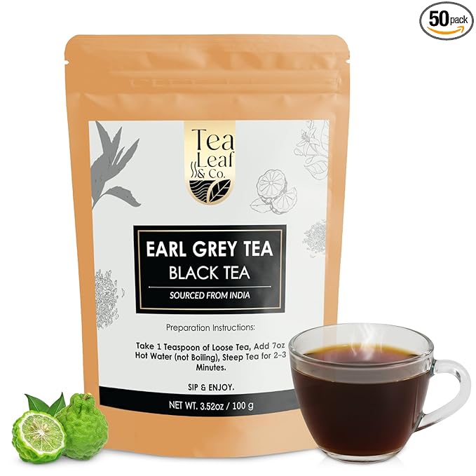 Tealeaf & Co. Earl Grey Black Tea Blended with Bergamot Extract (Loose Leaf Form) - Premium Sweet & Sour Flavored Tea - Contains Low Caffeine - Upto 50 Servings (3.52oz/100gm)