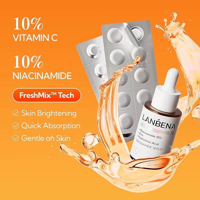 LANBENA Revolutionary Vitamin C Serum for Face, Illuminating Fcae Serum With Niacinamide, Brightening Anti-Aging Essence for Sensitive Skin, Non-Greasy, Reduces Dark Spots & Wrinkles (1.05 Oz)