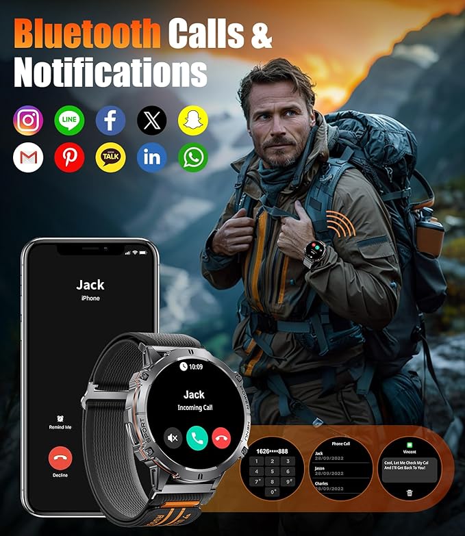 LIGE Military Smart Watch with 900mAh Battery(60+Standby),1.73" AMOLED with Compass Altitude and Barometric Pressure,110+ Sports Mode Tactical Fitness Tracker/Bluetooth Call Android iOS Smartwatch