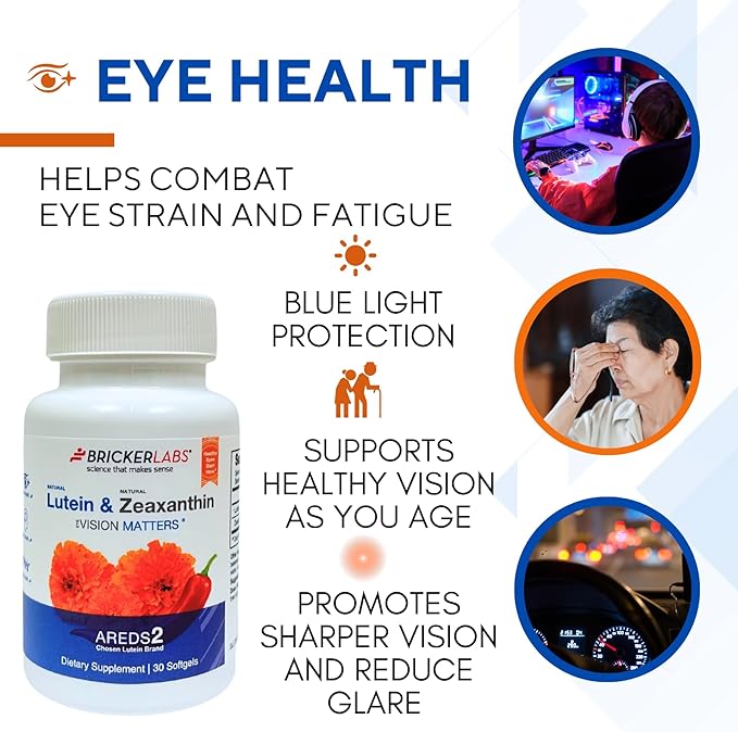 Bricker Labs Natural Lutein + Zeaxanthin Eye Supplement – Supports Eye, Brain, and Skin Health with Macular Carotenoids, Superior Bioavailability, AREDS2 Chosen Lutein Source – 60 Soft Gels