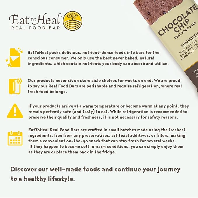 EatToHeal Chocolate Chip Real Food Bar - Organic Vegan Healthy Gluten Free Protein Bars - Low Sugar Meal Replacement Bar, Non GMO, Never Baked, Plant Based - Crafted to Enjoy, Not Sit on Shelves