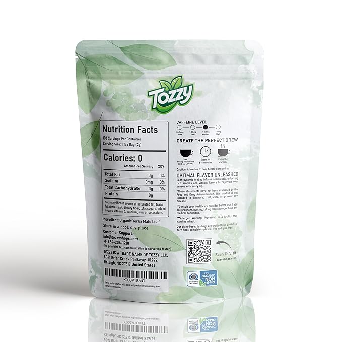 Tozzy Organic Yerba Mate Tea, Unsmoked – 100 Count, Plant-Based Pyramid Tea Bags | Caffeine-Powered