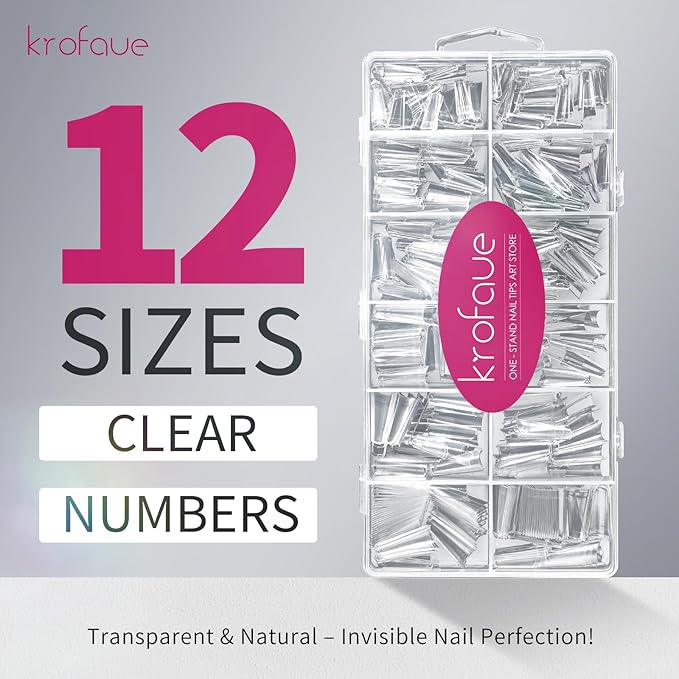 krofaue 600PCS Half Cover Coffin Nail Tips - Acrylic Nail Tips 12 Size Clear False Nails Tips with Box for Nail Salons and Home DIY (Clear)