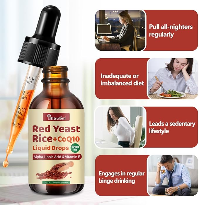 Red Yeast Rice with Coq10 Drops, Organic Red Yeast Rice 1200mg with Alpha Lipoic Acid for Cholesterol Support, CoQ10 100mg for Heart Health Support - 2 oz, Citrinin Free