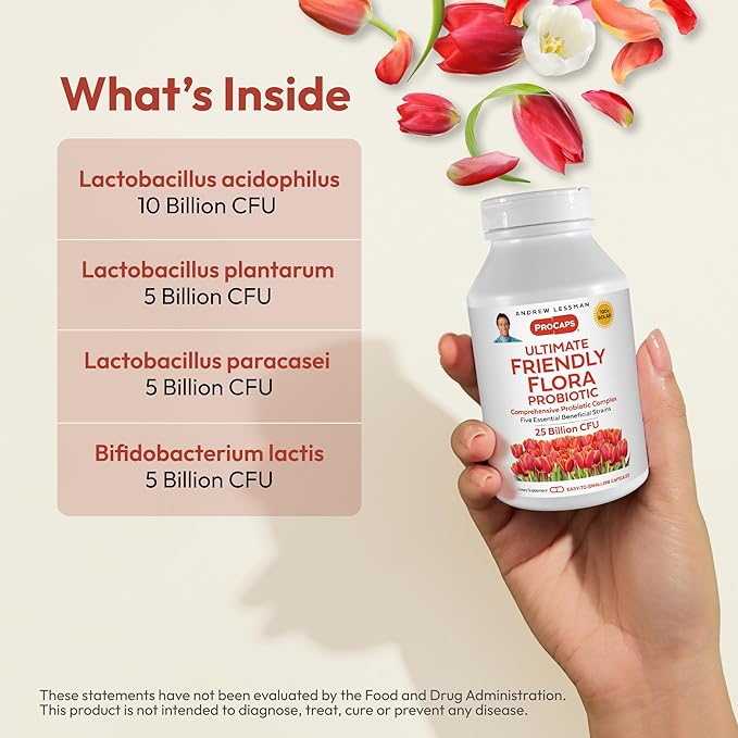 ANDREW LESSMAN Ultimate Friendly Flora Probiotic 30 Capsules - 25 Billion CFU, Comprehensive Blend of Five Probiotic Strains, Powerful Immune and Digestive Support. Probiotics for Women or Men