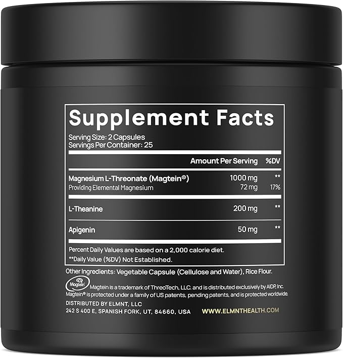 ELMNT Triple Sleep Magnesium Threonate w. Apigenin, Theanine & Magtein Magnesium L-Threonate - High Absorption Magnesium Supplement Capsules for Men and Women Magnesium Powder Pills