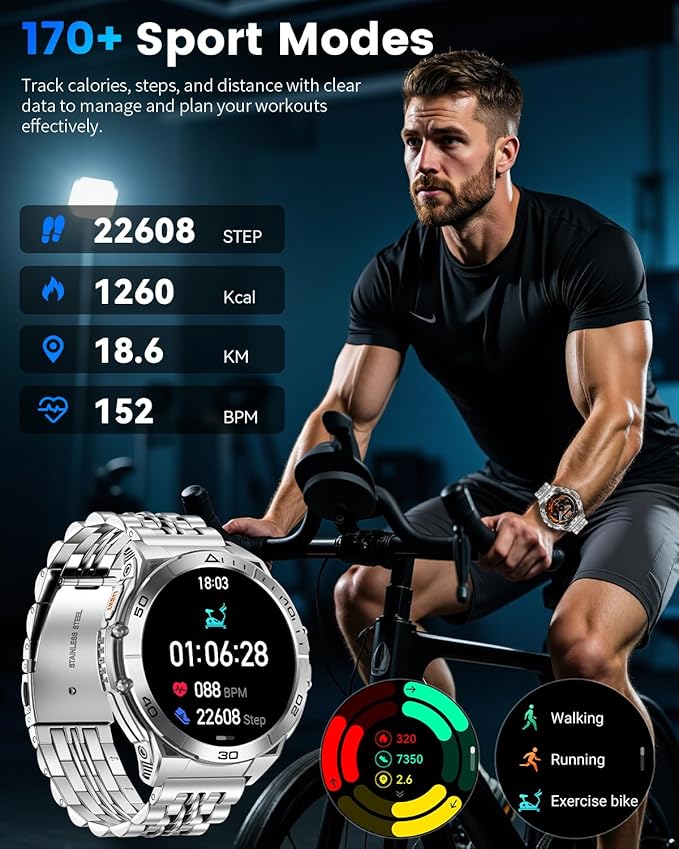 Military Smart Watch for Men with LED Flashlight, 1.60″ AMOLED Always-On Display, 600mAh (5–10 Days), Bluetooth Call, IP68 Waterproof, Heart Rate/Sleep/SpO₂, 170+ Sports Modes, for Android iPhone