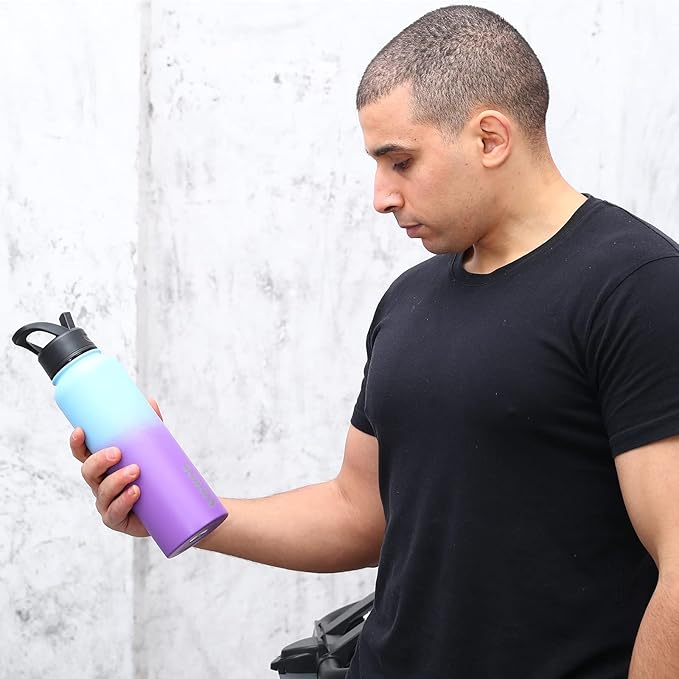 BJPKPK Insulated Water Bottles with Straw Lid, 40oz Stainless Steel Water Bottles with 3 Lids, BPA Free Leakproof Thermo, Tumblers, Cups for Sports, Gym-Carrara Marble