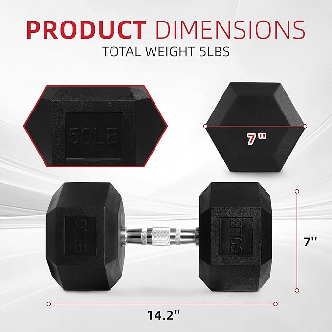 Rubber Encased Hex Weights Dumbbells Set of 5 – 50 lb Pair | Cast Iron Hand Weights with Anti-Slip Grip for Home Gym Strength Training