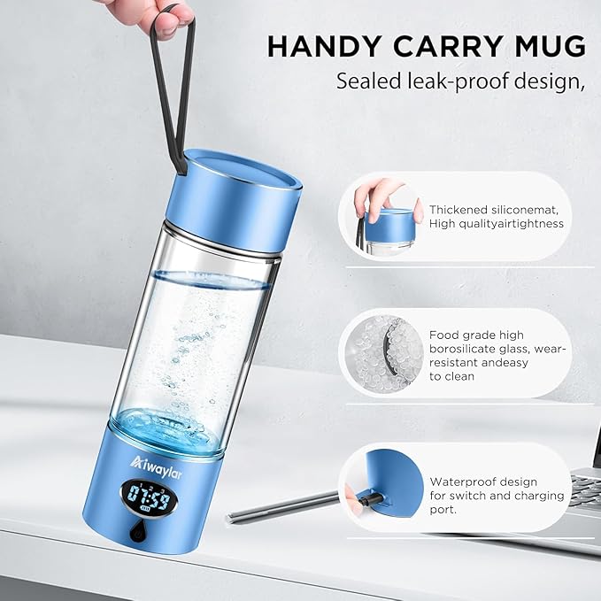 Hydrogen Water Bottle - Portable, Rechargeable, LED Timer,3 Work Mode, Aluminum and Glass,360ML,Hydrogen Water Ionizer Machine with PEM/SPE Technology, Suitable for Office,Home,Gym Outdoor