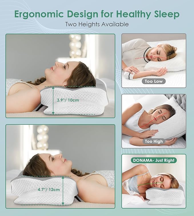 DONAMA Cervical Pillow for Sleeping, Contour Memory Foam Pillow for Neck and Shoulder Support, Ergonomic Neck Pillow for Side Back Stomach Sleepers, Bed Pillows with Cooling Pillowcase