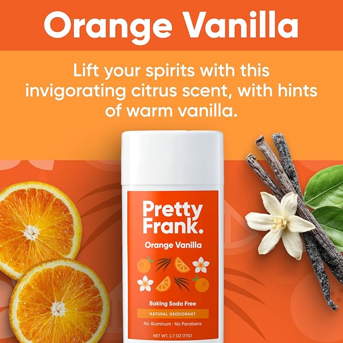 Pretty Frank Natural Aluminum-Free Deodorant Stick, Baking Soda-Free, Orange Vanilla (1-Pack) | Sensitive Skin Friendly, Effective Odor Control for Women & Men, Organic Ingredients and Essential Oils