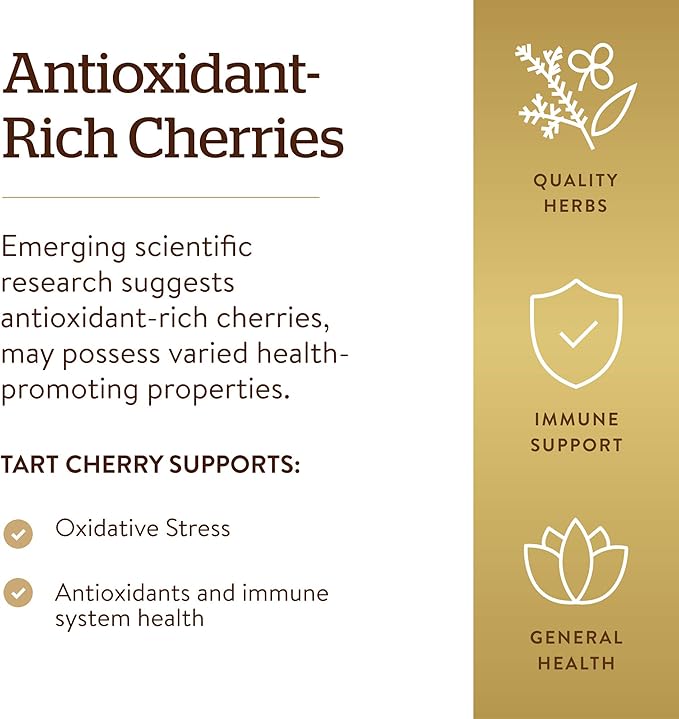 Solgar Tart Cherry 1000 mg, 90 Vegetable Capsules - Antioxidant with Quercetin, Chlorogenic Acid & Anthocyanins Compounds - Non-GMO, Vegan, Gluten Free, Dairy Free - 90 Servings