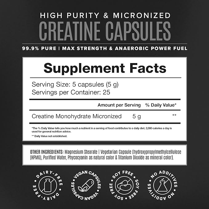BIRDMAN Micronized Creatine Monohydrate Capsules for Muscle Growth & Recovery, Pre & Post Workout, Vegan Creatine, Caffeine Free, Gluten Free, Sugar Free | 25 Servings | 125 Capsules