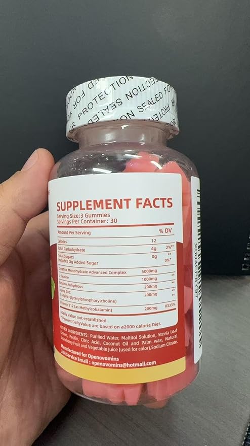 Creatine Monohydrate Gummies Complex for Men & Women -Advanced Formula W/L-Taurine + Vitamin B12, Sugar Free Chewable Supplement,90 Strawberry Gummies