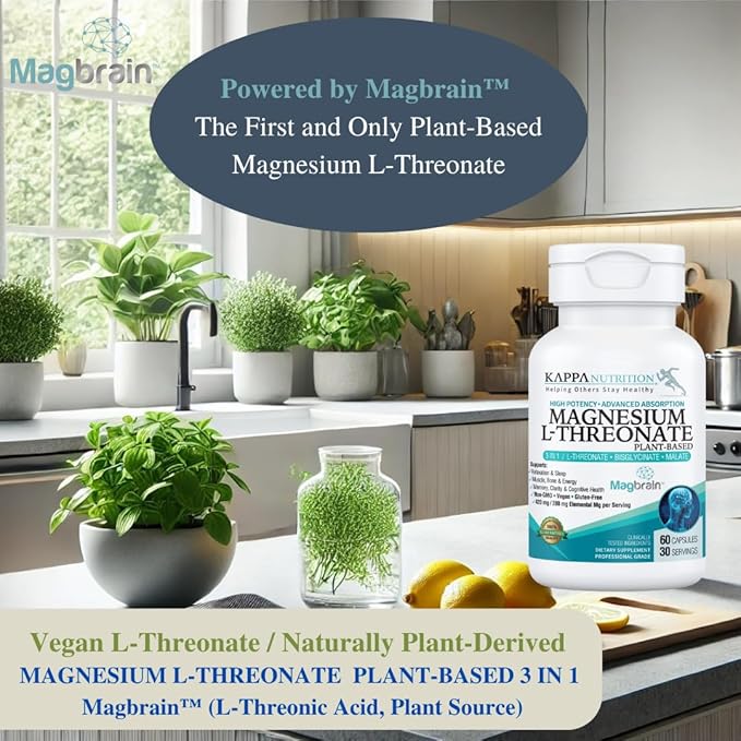 Kappa Nutrition Powered by Magbrain™ Magnesium L-Threonate Plant-Based, 420mg Elemental Magnesium (3 Capsules) from 2,253mg, 60 Vegan Capsules, Brain, Sleep & Muscle Support.