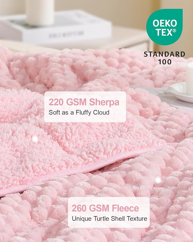 Super Soft Luxury Fleece Sherpa Weighted Blanket 15lbs for Adults, Turtle Shell Fluffy Cozy Warm Queen Weighted Throw for Winter, Ceramic Beads Washable Heavy Blankets for Couch Bed, Pink, 60" x 80"