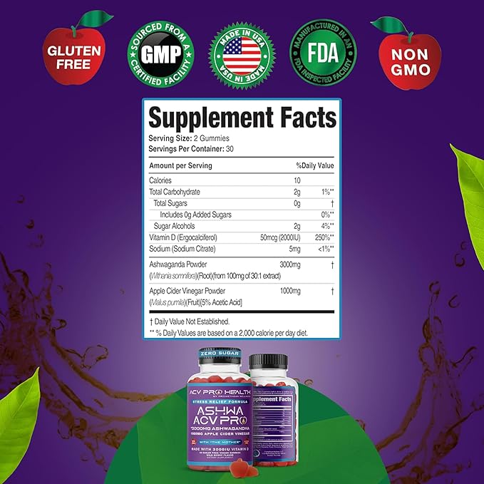 Ashwa ACV Pro Health - Sugar Free Apple Cider Vinegar Gummies with Ashwagandha, Advanced Keto, Stress Relief Supplements with Vitamin D, 1g Carbs Per Gummy Golo