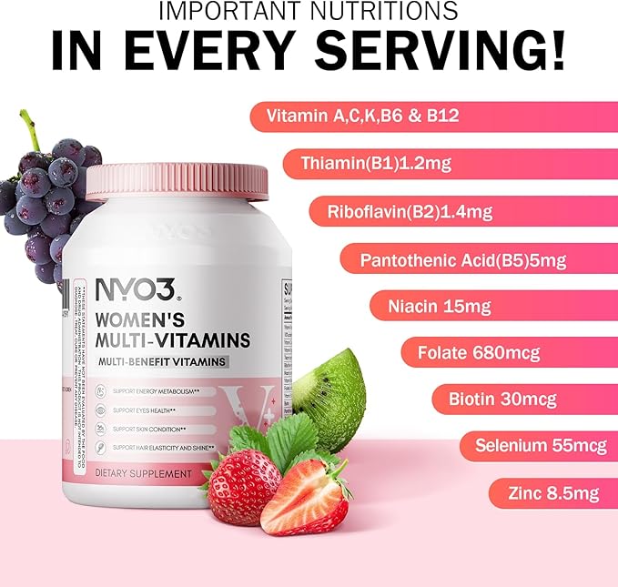 NYO3 Multivitamin for Women with Zinc & Biotin Vitamins A,C,K,B2,B6,B12 & Multimineral | Daily Multivitamins Beauty & Energy | Gluten-Free, 60 Day Supply