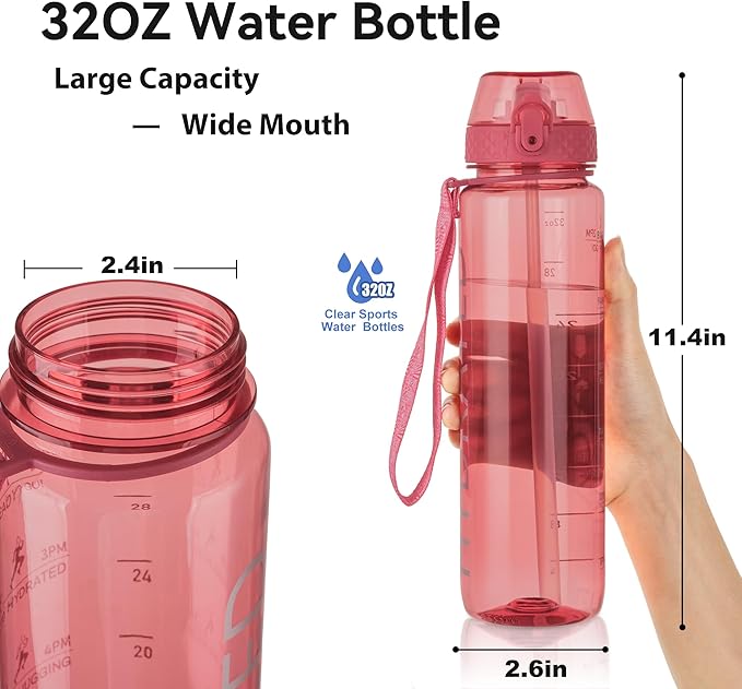 GOPPUS Water Bottle,Clear Water Bottles with Straw,32oz Sports Bottle With Time Markers-BPA-Free Tritan Wide Mouth Bottle Leakproof Motivational wate bottles for Gym,Hiking,School or Office(1 Bottle)