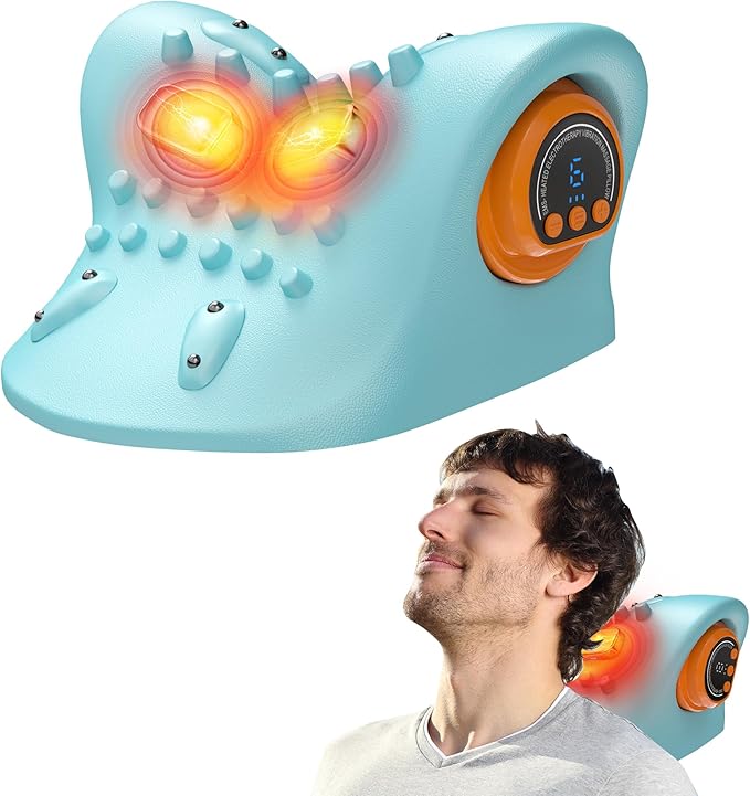 snawowo Neck Massager with Heat - 3D Kneading 3 Heat 3 Vibration, Remote Control Massage Pillow, 30° Ergonomic for Shoulder Neck Pain Relief, 15Min Timer (Sky Blue)