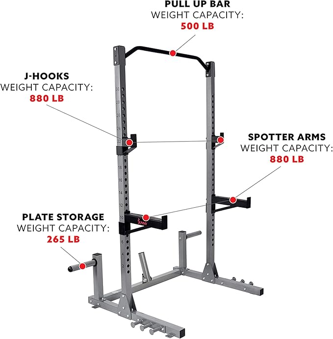 Sunny Health & Fitness Power Cage and Squat Rack In High Weight Capacity with J-Hooks, Adjustable Pull Up Bar, Weight Plate Holders, Resistance Band Posts