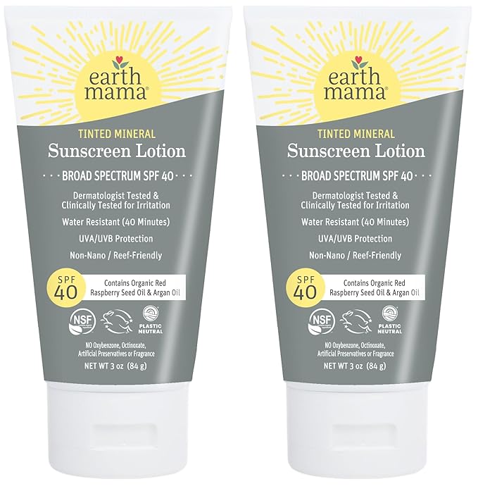 Earth Mama Tinted Mineral Sunscreen Lotion SPF 40, Contains Organic Argan and Red Raspberry Seed Oil, 3-Ounces, 2-Pack