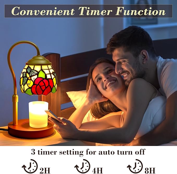 Candle Warmer Lamp with Timer Dimmer, Adjustable Height Candle Warmer for Jar Candles, Birthday Gifts for Women New Home Bedroom Decor Tiffany Butterfly Style Stained Glass with 2 Bulbs