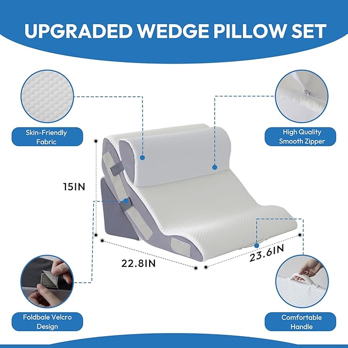 3PCS Wedge Pillow Set for After Surgery, Back Pillow for Bed Sitting up, 6-in-1 Foam Wedge Pillow for Acid Reflux & Back Pain Relief, Post Surgery Pillow for GERD & Snoring, White