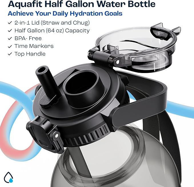 AQUAFIT 64 oz Water Bottle with Time Marker - 2in1 Straw & Chug Lid - BPA Free Big Water Bottle with Straw - Gym Water Bottle with Strap - Water Jug (64 Ounces, Gray)