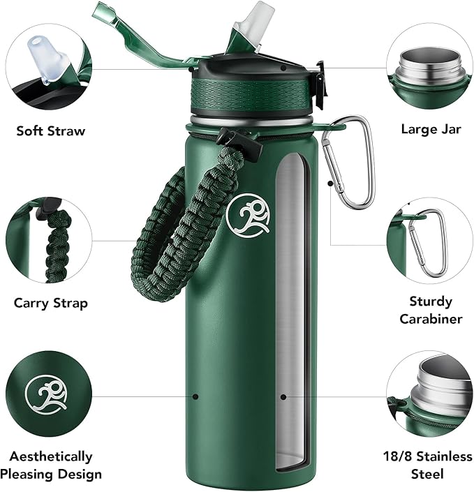 GOSWAG Insulated Sports Water Bottle, 24oz 2 Lids(with Straw/No Straw), Stainless Steel Water Bottles with Paracord Handle, Insulated Bottle with Double-Wall Vacuum Insulation