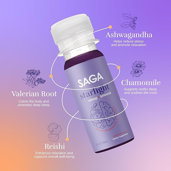 SAGA Starlight Organic Sleep Shots – 2oz Natural Sleep Aid with Melatonin, Reishi, Valerian Root, Ashwagandha, Chamomile – Sugar-Free, Zero Calories, Mushroom Drink