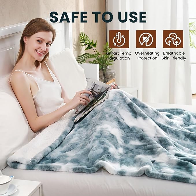 Electric Heated Blanket 84"x90",Luxury Freshwater Blue Faux Fur Electric Queen Blanket,Fast Heating Soft Fluffy Thick Electric Blanket with 6 Heating Levels & 12H Auto Off