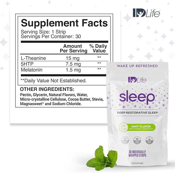 IDLife - Sleep Aid for Grown-Ups - Non-GMO - Non-Habit Forming - Gentle Blend with Melatonin, L-Theanine, and 5HTP - 30 Individually Wrapped Strips