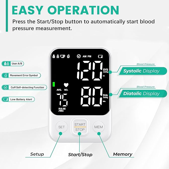 Blood Pressure Monitor Upper Arm Monitors for Home Use BP Machine with 2x120 Reading Memory Adjustable Arm Cuff 8.7"-15.7" Large Display with LED Background Light Storage Bag White