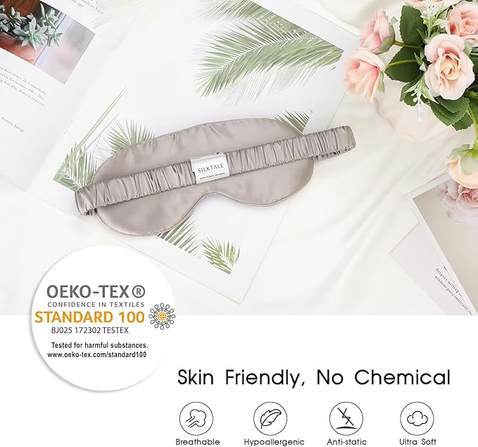 Silk Sleeping Mask for Travel/Plane/Side Sleeper Pure Mulberry Silk Eye Mask for Sleep/Men/Women/Adults Thin Cooling Eye Cover,Grey