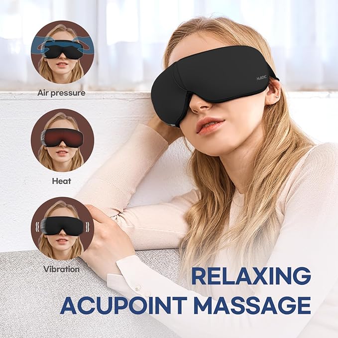 HubiCare Eye Massager with Heat, Vibration, and Music Helps Relieve Strain, Dark Circles, Dryness, and for Migraine Relief Relaxation and Better Sleep Gifts for Women/Men (Black)