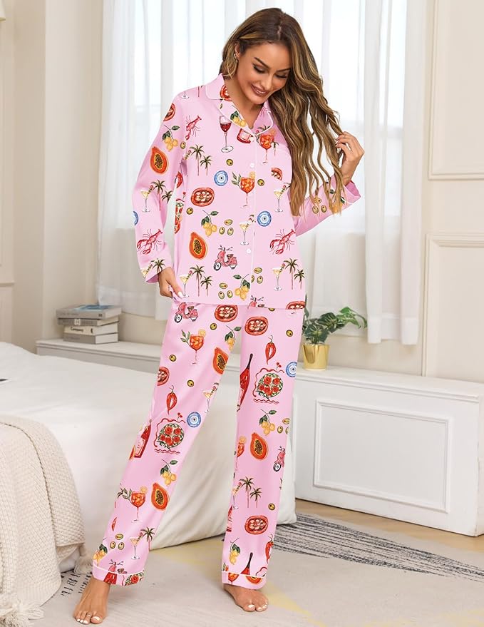 Veseacky Womens Satin Pajama Set Silk Pjs Button Down Long Sleeve Sleepwear Loungewear Sleepwear 2 Piece Pjs Set S-XXL